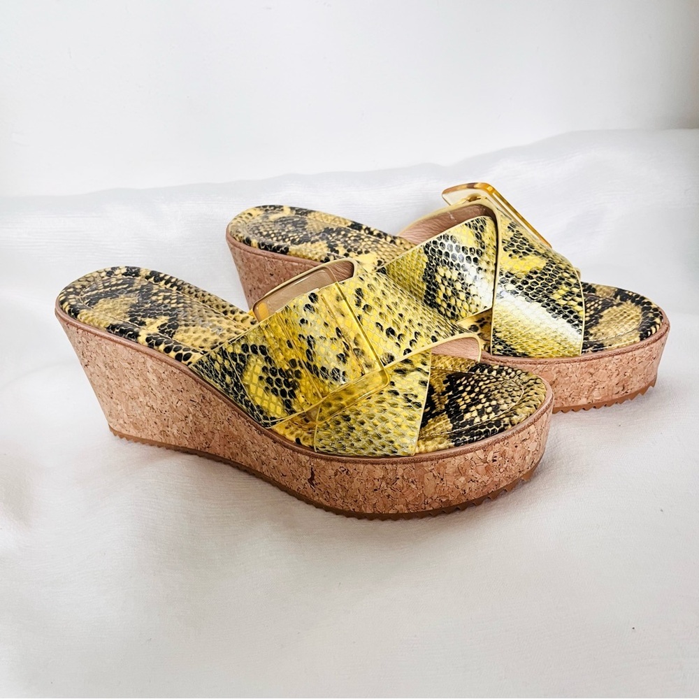 Donald J Pliner Sabrina yellow Python Snake print cork wedge sandals size 8.5 - Picture 5 of 8